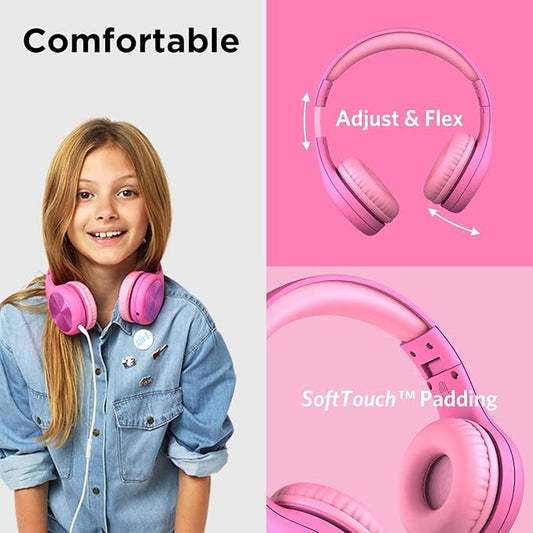 LilGadgets Connect+ Pro Wired Kids Headphones for School with Microphone, Volume Limiting Over-Ear Headset with Cord, SharePort Technology & SoftTouch Padding, Pink