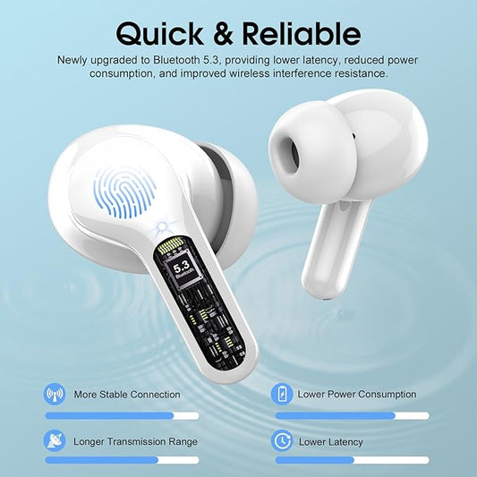Wireless Earbuds, Bluetooth 5.4 Headphones HiFi Stereo, Bluetooth Earbuds with ENC Noise Cancelling Mic, IP7 Waterproof in Ear Earphones, 48H, LED Display Ear buds for Pad Phones Workout Sports, White