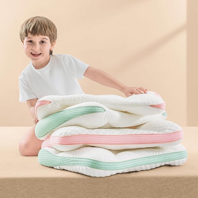Reidio 1Pc Toddler Pillows with Removable Cotton Pillowcase Ergonomic Design Toddler Pillows for Sleeping Toddler Neck Pillow Kids Pillows Machine Washable 14x20in (Blue Green)