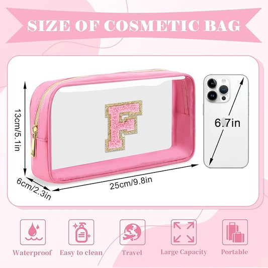Personalized Initial Letter Clear Makeup Bag,Preppy Small Nylon&PVC Cosmetic Zipper Bag with Chenille Letter,Portable Beach Travel Skincare Toiletry Bag,Trendy Monogram Gift for Teen Girls Women,F