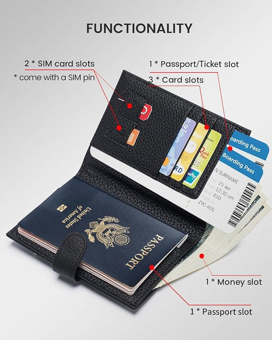 RFID Slim Passport Holder for Man & Women, Compact Leather Passport Wallet with Card Holders SIM Slots, Zippered Coins Pocket and Cash Holder Travel Passport Cover Case, Black