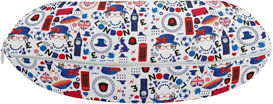 Ambesonne London Travel Pillow Neck Rest, Pattern with London Queen Elizabeth Umbrella Tea Party Map Travel Theme, Memory Foam Traveling Accessory for Airplane and Car, 12", Ruby Blue