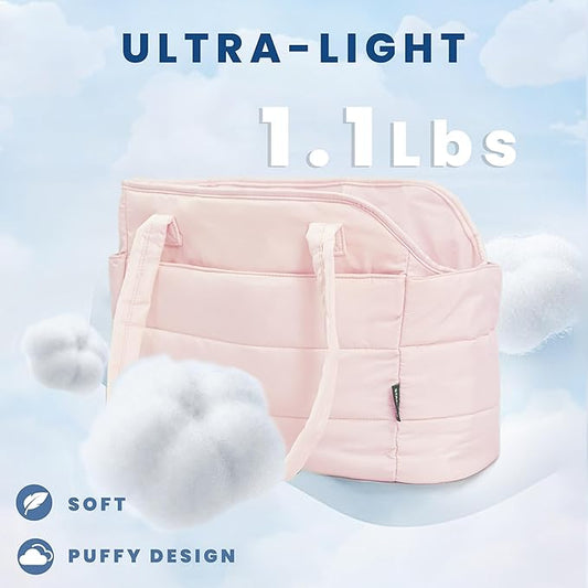 STRAODTIC Lightweight Dog Purse Carrier for Small Dogs Under 15 lbs, Puffy Quilted Pet Carrier Tote for Puppies with Safety Leash Clip, Women's Hands-Free Dog Carrier Bag for Travel/Shopping (Pink)