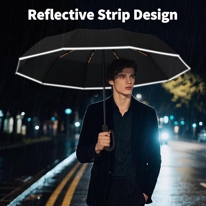 Seniny Travel Umbrella with Carabiner Handle, Windproof Large Umbrellas for Rain with Dual-Rib Structure, Portable Compact Umbrella with Reflective Strip, Car Backpack UV Umbrellas for Sun Protection