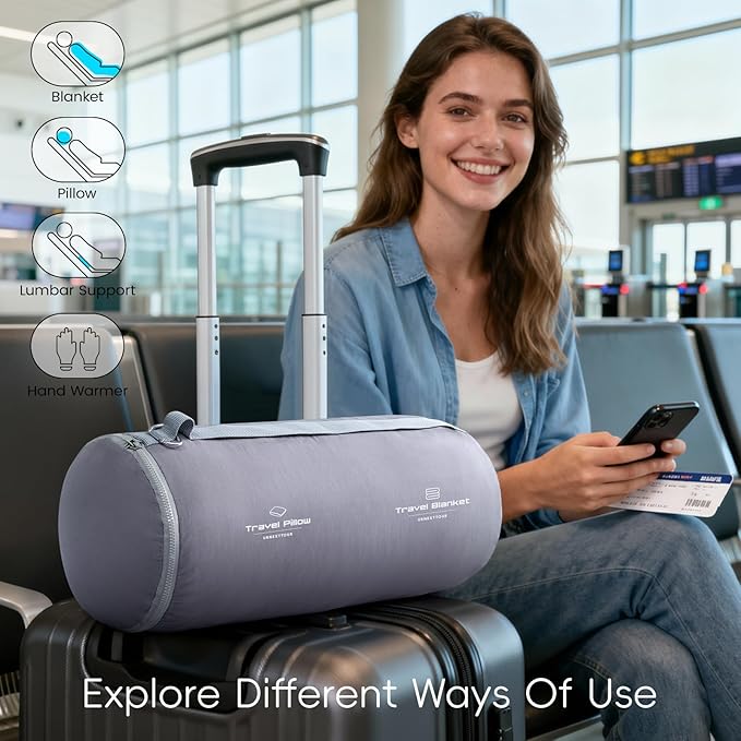 4-in-1 Travel Pillow & Blanket Set with Eye Mask, Memory Foam Neck Support, 50x65 Inch Blanket, Storage Bag for Airplane, Car, Train, Home Travel Grey