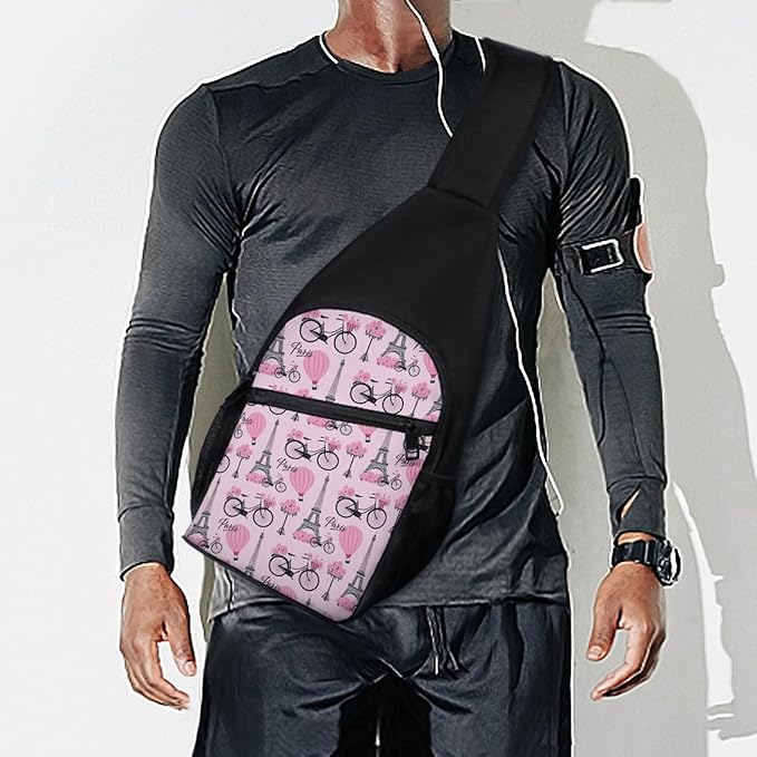 SWEET TANG Lightweight Sling Shoulder Backpack, Adjustable Gym Bags Pink Paris Eiffel Tower, Large Capacity Chest Cross Body Bag Daypack, Outdoor Multipurpose Bag