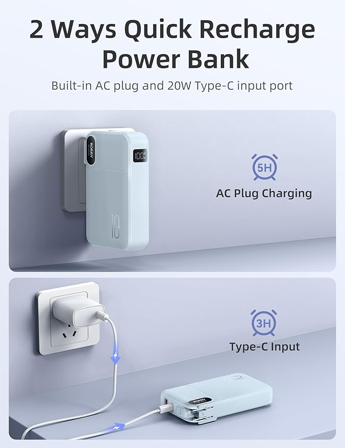 RORRY Portable Charger Built in Cables, AC Wall Plug in Portable Charger Power Bank 10000mAh Travel Battery Pack 22.5W Fast Charging for iPhone 17/16/15 Samsung Galaxy S24/S23/S22 Pixel LG iPad, Blue