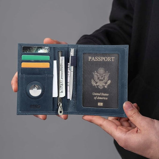 CONTACTS Full Grain Leather Airtag Passport Holder RFID Blocking Travel Passport Wallet Slim Passport Cover Case with 4 Cards Slots, Coin Pocket (Blue)