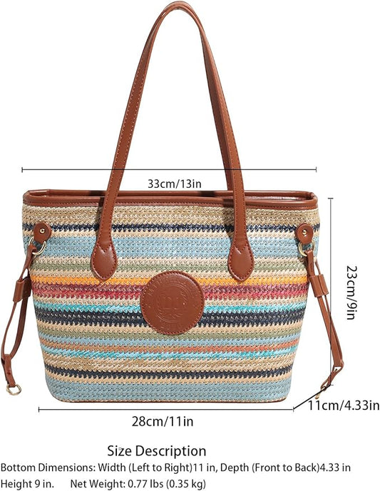 ZOCILOR Women's Straw Shoulder Tote Bag with PU Leather Trim, Large Woven Beach Handbag, Lightweight Casual Summer Purse