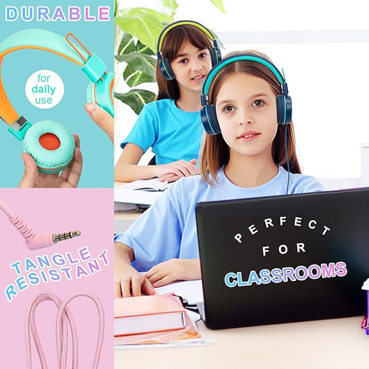 CN-Outlet 5 Pack Kids Headphones Bulk for School Classroom Students Teens Toddler, Wired Adjustable Headsets for Libraries Families Childern and Adults (Mixed Colors with MIC)