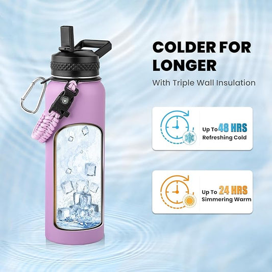 Insulated Water Bottle 40 oz, Triple Wall Vacuum Stainless Steel (Cold for 48 Hrs), Leak Proof & Non-BPA, Modern Water Flask Jug with Paracord Handle & Straw Spout Lids, Lilac