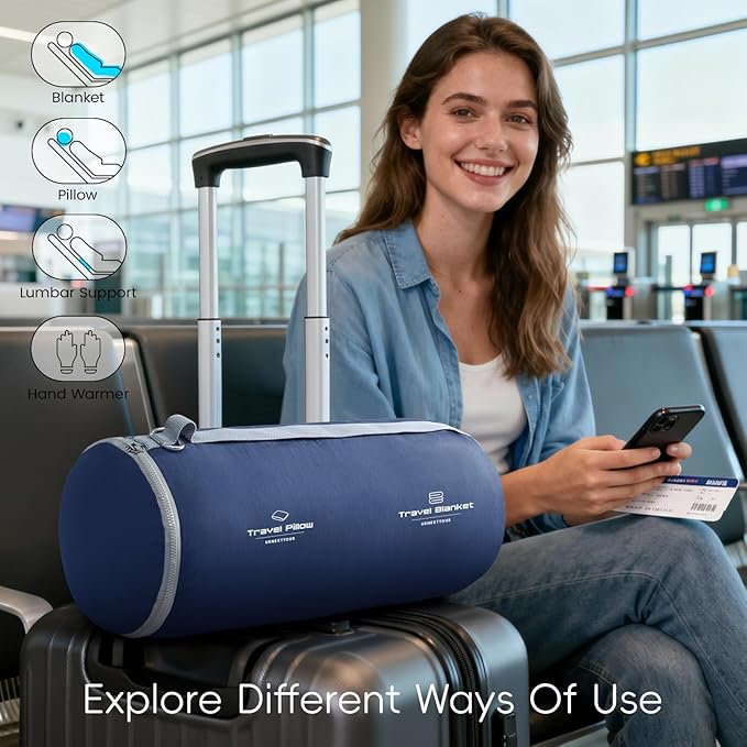 4-in-1 Travel Pillow & Blanket Set with Eye Mask, Memory Foam Neck Support, 50x65 Inch Blanket, Storage Bag for Airplane, Car, Train, Home Travel Blue