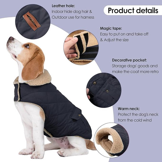 Winter Coat for Medium Dogs, Dog Plaid Jacket, Pets Coat for Cold Weather, Windproof Warm Garments, Pet Thickened Outfits Indoor Outdoor, NavyBlue M