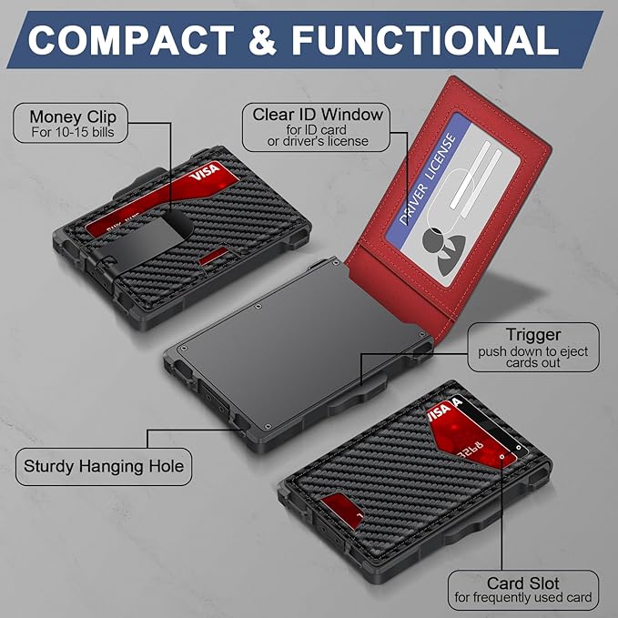 Wallet for Men, Minimalist Slim Mens Wallet with Money Clip, RFID Blocking Smart Pop Up Card Wallet with ID Window, Compact Bifold Wallet,Metal Aluminum Credit Card Holder