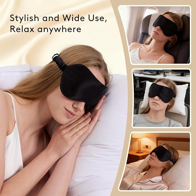 100% Pure 6A Mulberry Black Silk Sleep Mask for Women and Men, Adjustable Blackout Eye Cover, Breathable Travel Eye Mask for Sleeping, Zero Pressure Comfort