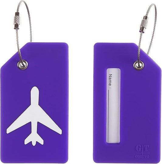 Gostwo 2 Pack Silicone Luggage Tags for Suitcases, 26 Initial Letter Baggage Labels Handbag School Bag Suitcase Instrument Tag with Stainless Steel Loop(Purple)(Airplane)