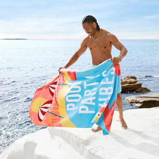 Dock & Bay Beach Towel - Quick Dry, Sand Free - Compact, Lightweight - 100% Recycled - Includes Bag - Pool Party Vibes - Extra Large (200x90cm, 78x35)