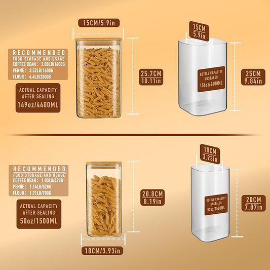 D2scrma 156oz 52oz Airtight Glass Square Storage Canister with Bamboo Lid Set of 2(4600ml*1 1550ml*1) Large Gallon Glass Jars for Sugar, Flour, Cookies and Coffee beans (with Black Lable)