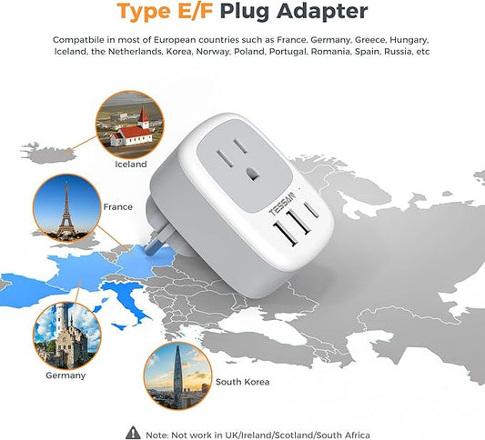 Type E F Plug Adapter USB C, TESSAN Germany France Power Adaptor, Schuko Outlet with 3 USB Ports, Travel Plug for US to Europe EU Spain Iceland Korea Greece Russia German French