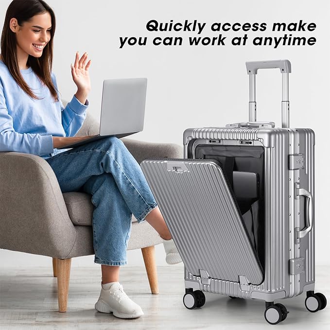 MRPLUM Front Pocket Carry On Luggage,PC Hardside Spinner Wheel Suitcase with TSA Lock,Cup Holder,Phone Holder&USB Charging Port,Silver(1 Piece)