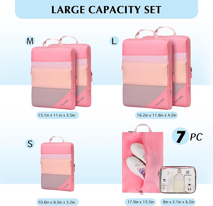 Lightweight Compression Packing Cubes for Suitcases, Compressible Expandable Travel Packing Organizer with Clear Toiletries and Backpack Bag, Travel Essentials for Carry on Luggage 7 Set