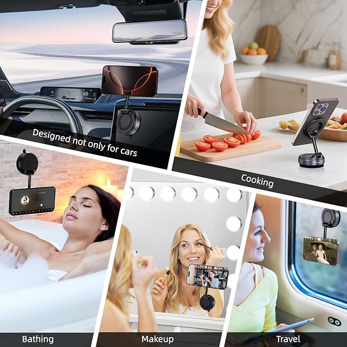 Vacuum Magnetic Suction Phone Holder, Foldable and Retractable Hands-Free Suction Cup Phone Mount for Car/Gym/Mirror/Smooth Surface, Compatible with iPhone and Android (Space Grey)