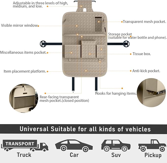 Car Seat Organizers,Multi-functional Back Seat Protectors, Storage Pouches, and Tray Holders (for Cars, Kids, Seat Back and Rear Seats) (Woven Beige, 1 Pcs)