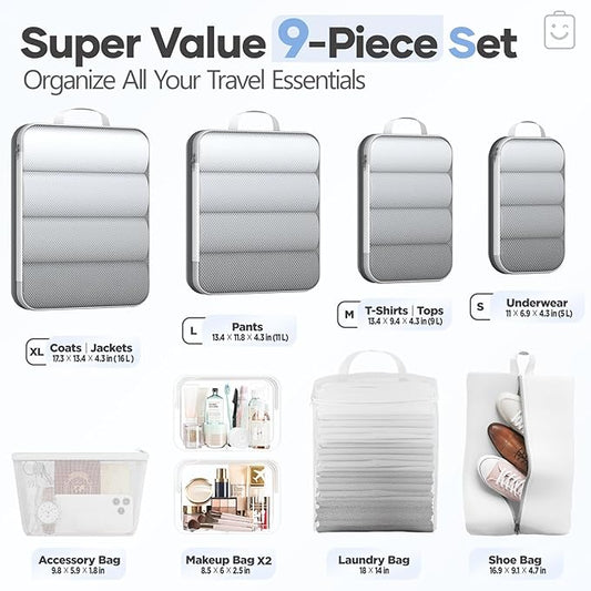 Veken 9/11 Set Compression Packing Cubes for Travel Essentials,Compressible Expandable Large Luggage Suitcase Organizer Bags for Clothing,Durable Space Saver Storage Bags with Toiletry Bags(White)