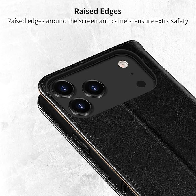 Belemay Leather Wallet Case Compatible with iPhone 17 Pro Max, Premium Cowhide Leather Two-Tone Effect, RFID Blocking Card Holders, Shockproof TPU Shell, Kickstand, Protective Flip Cover, 6.9", Black