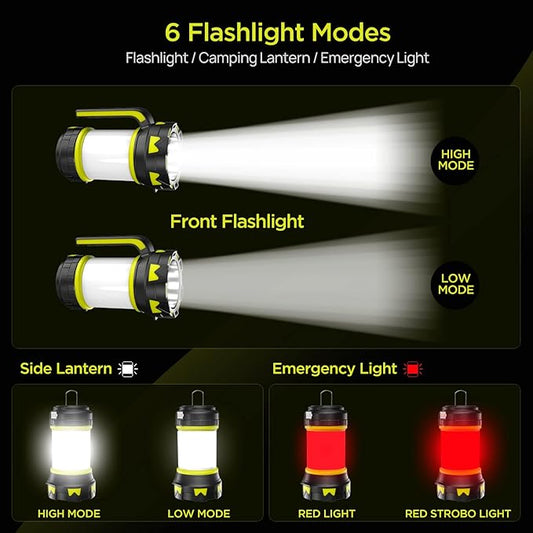 Rechargeable Flashlights Camping Lantern, 6 Modes LED Bright Flashlight 3000mAh Battery, IPX4 Waterproof, Emergency Flashlight Lantern for Outdoor, Hurricane, USB Cable Included-2 Pack