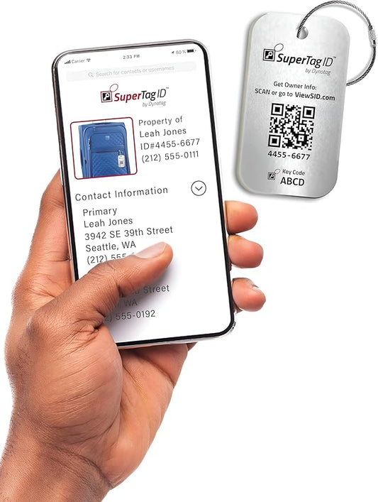 Dynotag® Sentry Series Solid Metal Web Enabled Smart Luggage Tag ID + Steel Loop, Anodized Aluminum with DynoIQ™ & Lifetime Recovery Service (Frost Silver)