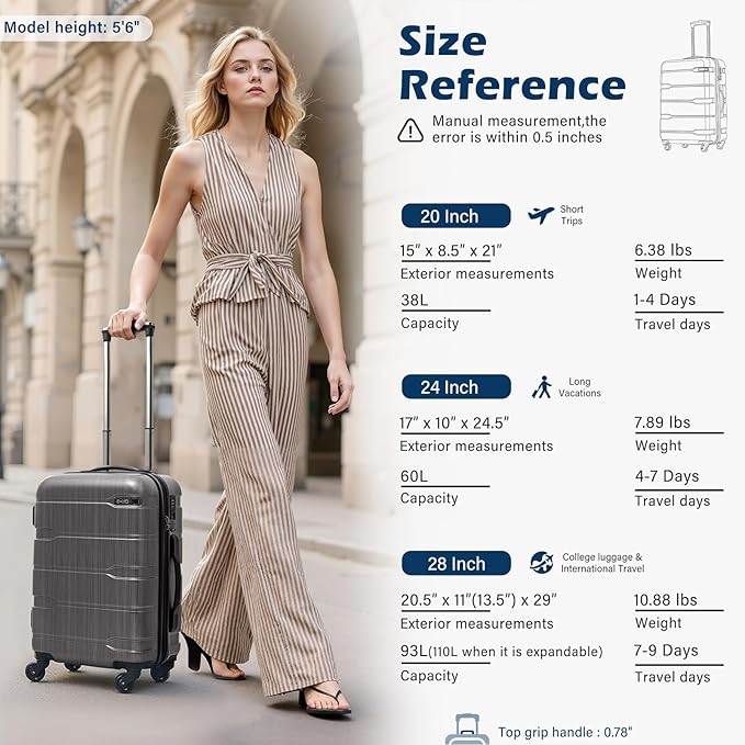 Coolife Luggage Expandable(only 28") Suitcase PC+ABS Spinner Built-In TSA lock 20in 24in 28in Carry on
