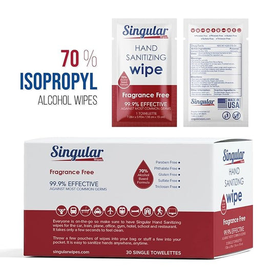 Hand Sanitizing Wipes Travel Size by Singular Wipes โ30ct Individually Wrapped | Fragrance-Free, Moisturizing, 70% Isopropyl Alcohol Wipes | Travel, Home, Office, Daily Use | Made in USA