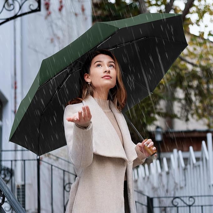 Yoobure Windproof Travel Umbrella with Wood Handle - Automatic Umbrellas for Rain & UV Sun Protection, Compact 46" Large Canopy, Lightweight Backpack Portable for Walking & Outdoor