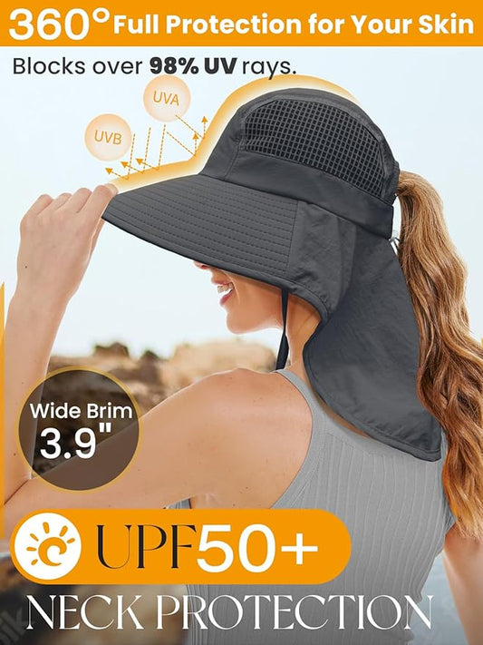 Sun Hats for Women UV Protection with Neck Flap Wide Brim Beach Hats with Ponytail Hole for Hiking Fishing Gardening Travel