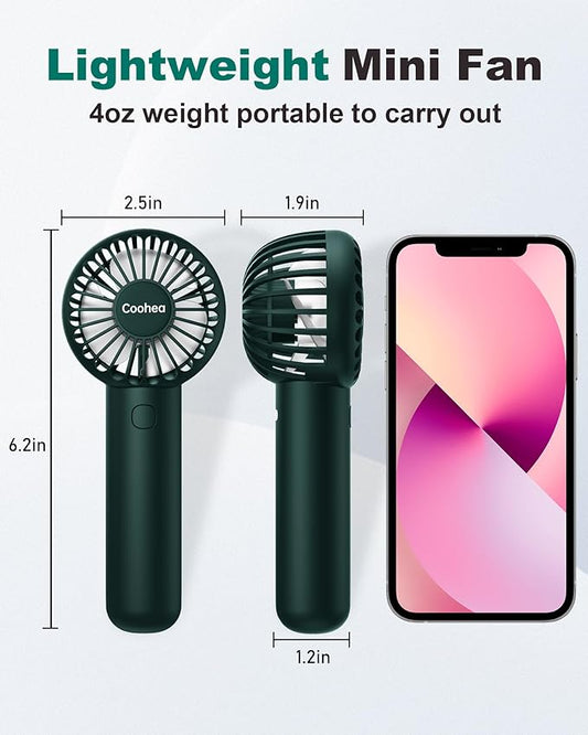 Coohea Mini Handheld Fan, Small Cute Design, 3 Powerful Speeds, USB Rechargeable Battery Operated, Personal Portable Fan with Base & Lanyard, for Eyelash Makeup Travel Beach Office Desk, Dark Green