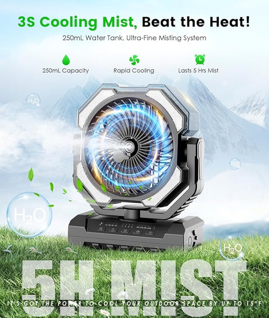 Misting Fan - Portable Battery Powered Fans with 9oz Water Tank, Light, Hook - Rechargeable, 120H Cooling, Last 5H Mist, 4 Speed, Sleep Mode - Outdoor Fan, for Camping, Travel Essentials