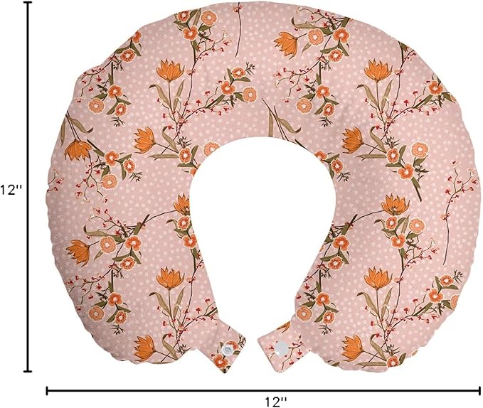 Ambesonne Floral Travel Pillow Neck Rest, Pastel Romantic Colored Wild Flowers Drawing on Polka Dotted Backdrop, Memory Foam Traveling Accessory for Airplane and Car, 12", Blush Camel