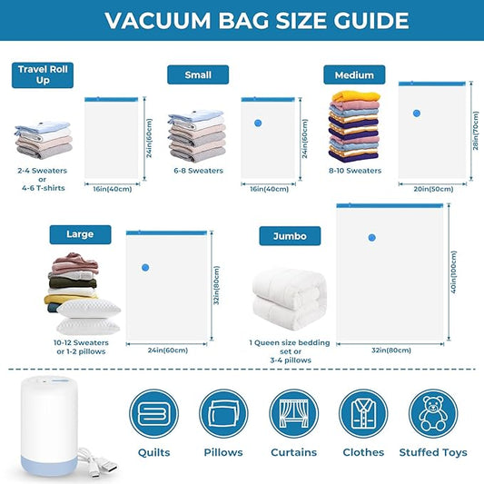 Travel Vacuum Bags with Rechargeable Cordless Pump, 20 Pack Vacuum Seal Bags for Clothing Travel Compression, Space Saver Vacuum Storage Bags for Clothes, Blanket, Bedding, Pillows, Comforters