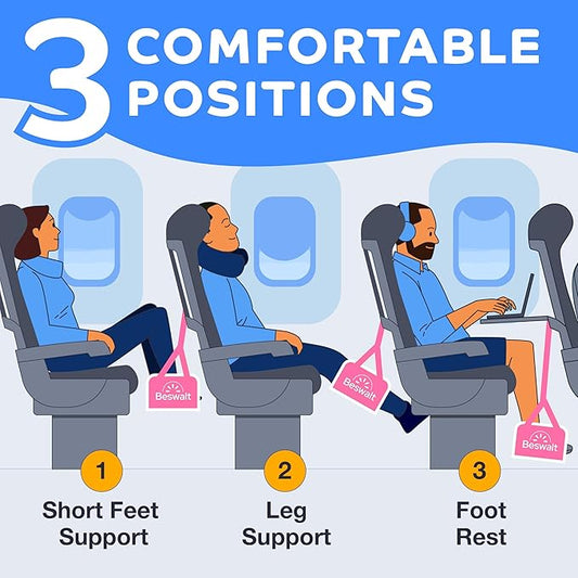 Portable Airplane Foot Hammock for Plane Travel with Memory Foam & Hardboard for No Feet or Leg Clashing - Long Flight Air Travel Essentials to Relax Feet Rest Flying Overseas by Beswalt (Pink)