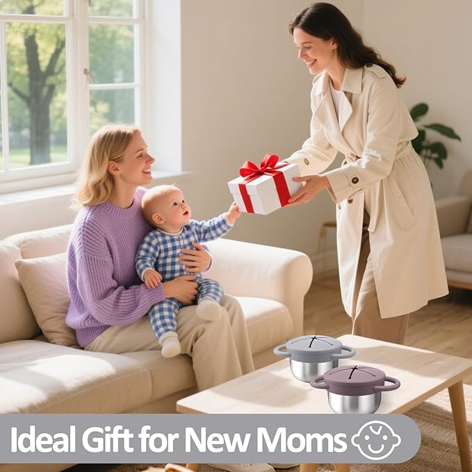 BUSOHA 2 Pack Stainless Steel Toddler Snack Cups - 9 OZ Snack Cups for Toddlers Spill Proof with Catcher and Lid Travel Snack Containers for Kids Food Grade Silicone Dishwasher Safe