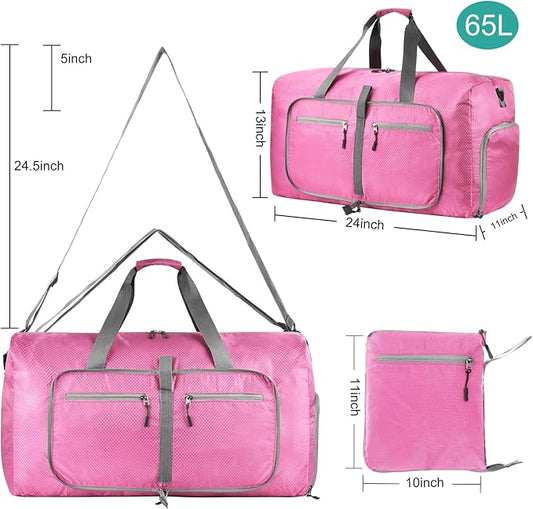 Dimayar Travel Duffle Bag for Men Women - Foldable Duffel Bag with Shoes Compartment - Overnight Bags Waterproof & Tear Resistant(65L,Pink)