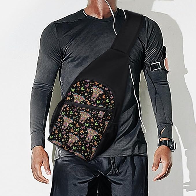 SWEET TANG Men's Crossbody Bag Anti Theft Shoulder Backpack, Funny and Chest Bags Elephant Butterfly Art for Fishing Cycling Hiking, Lightweight and Large Capacity