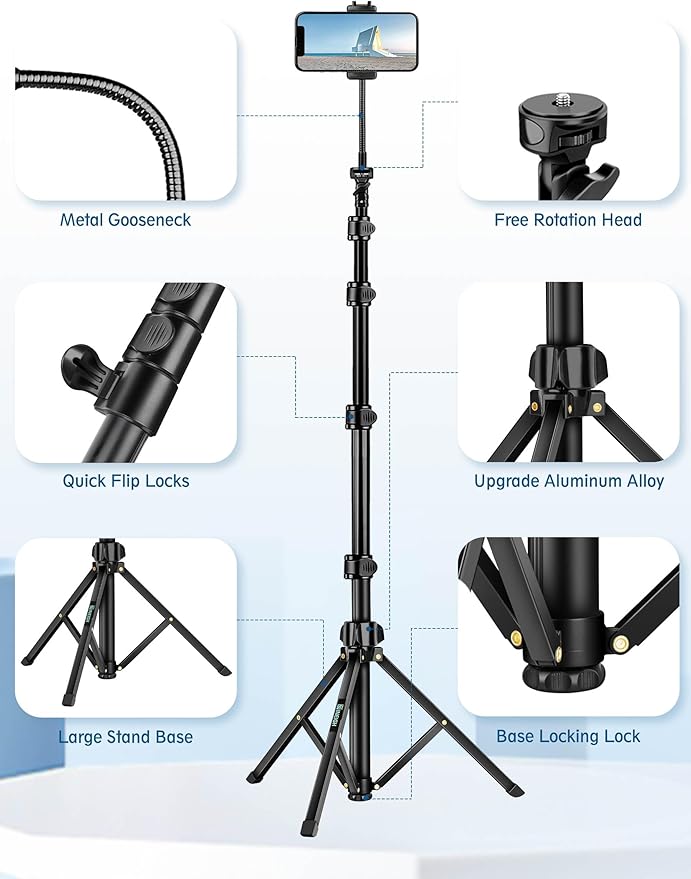 Phone Tripod, 85" Tripod for Cell Phone iPhone with Gooseneck, Aluminum Tripods Stand for Video Recording Photo Vlog, Travel Cellphone Tripod with Remote Compatible with iPhone Android
