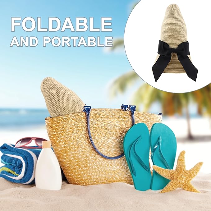 DRESHOW Sun Hats for Women Travel Fedora Foldable Beach Sun Hat Summer Wide Brim Straw Bucket Hat with Bowknot UPF 50+