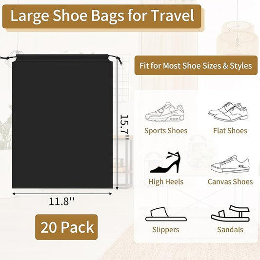 20 Pack Black Shoe Bags for Travel, 15.7" x 11.8", Waterproof Portable Drawstring Travel Shoe Storage Bags