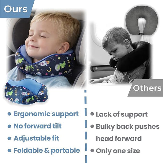 SKYTRAX® Certified Kids Safe Memory Foam Travel Neck Pillow for Kids and Toddlers, Cute Cartoon Design, Car Seat & Airplane Head Neck Support, Adjustable Snap Button, Washable Soft Cover (Dinosaur)