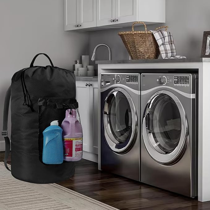 Laundry Bag with Shoulder Straps and Mesh Pocket Laundry Backpack Large Portable Laundry Hamper for College Travel, Laundromat, Apartment (Black)