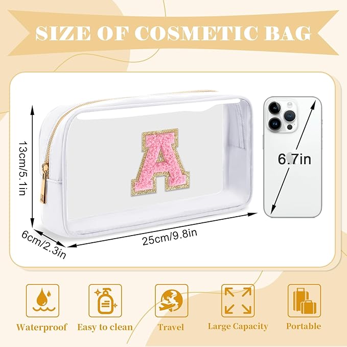 Personalized Initial Letter Clear Makeup Bag,Preppy Small Nylon&PVC Cosmetic Zipper Bag with Chenille Letter,Travel Skincare Toiletry Bag,Monogram Christmas Gift for Teen Girls Women,A