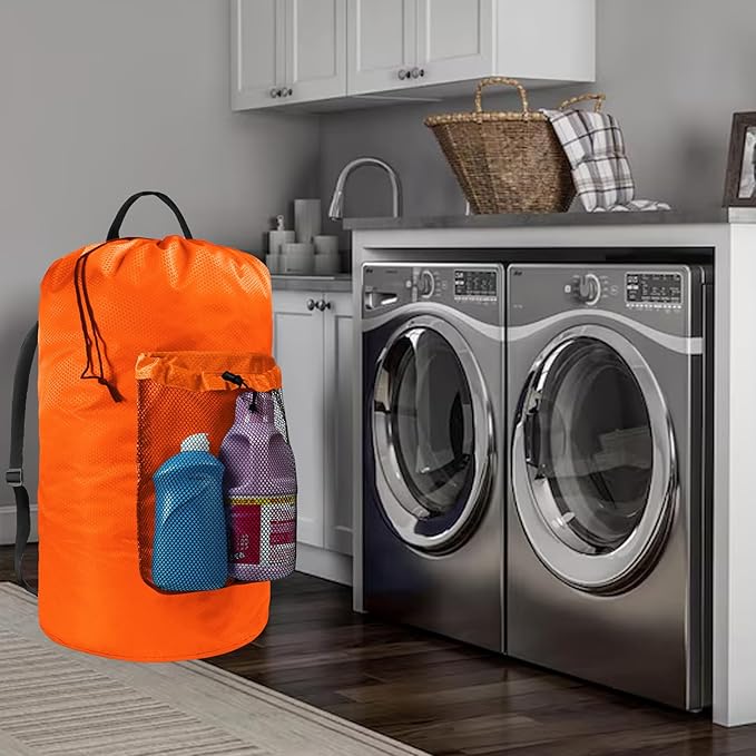 Laundry Bag with Shoulder Straps and Mesh Pocket Laundry Backpack Large Portable Laundry Hamper for College Laundromat Apartment